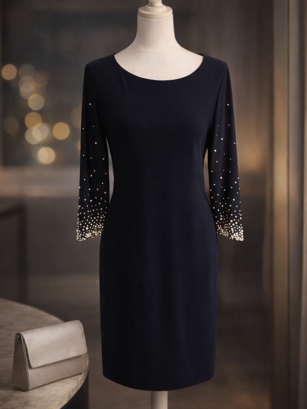 MSK Navy Long-Sleeve Sheath Dress with Pearl Accent Sleeves